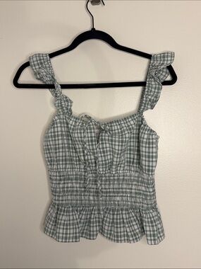 Wayf Checkered Smocked Waist Top Green White Gingham Smocked Ruffle Tank Small